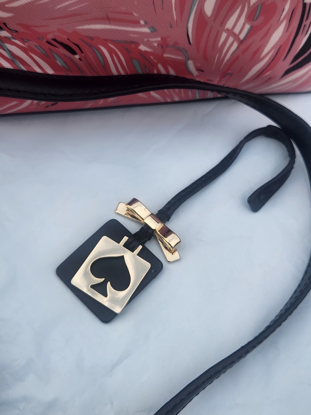 Kate Spade Pink and Black Feather Print Crossbody Bag W Kate Spade Bag Charm EUC - Picture 3 of 15